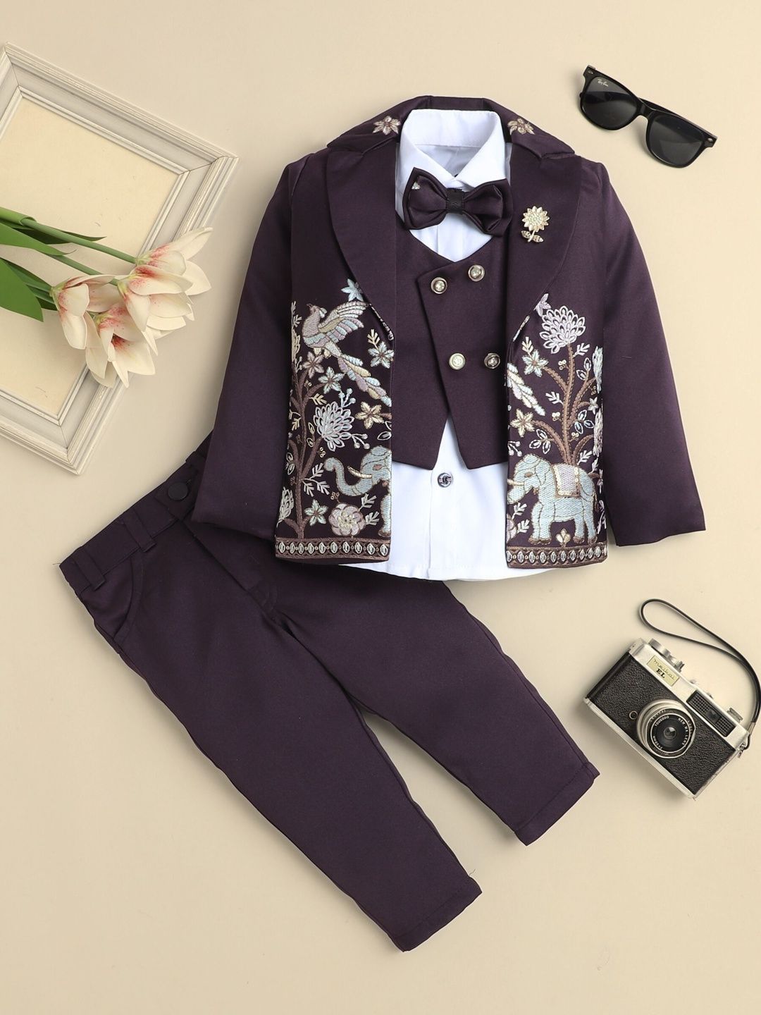 KALINI Boys Floral Embroidered Sequined 3 Piece Suit Set with Bow-picture-28