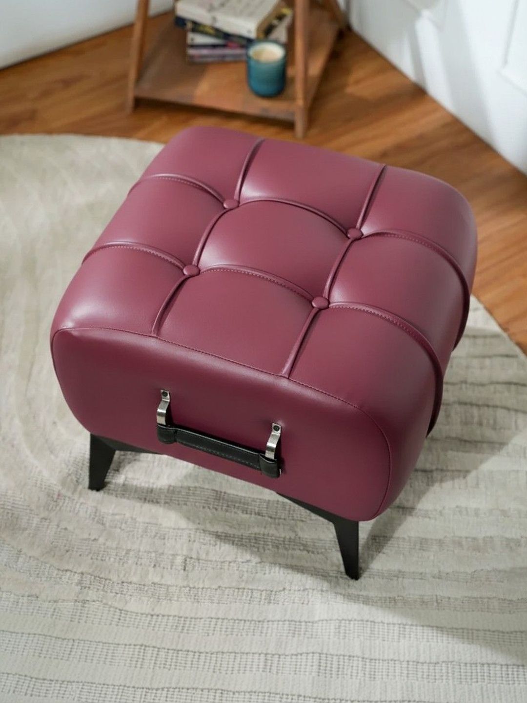 THREADVIBE LIVING Purple & Black Metal Leather Tufted Square Shaped Ottoman With Handle-picture-10