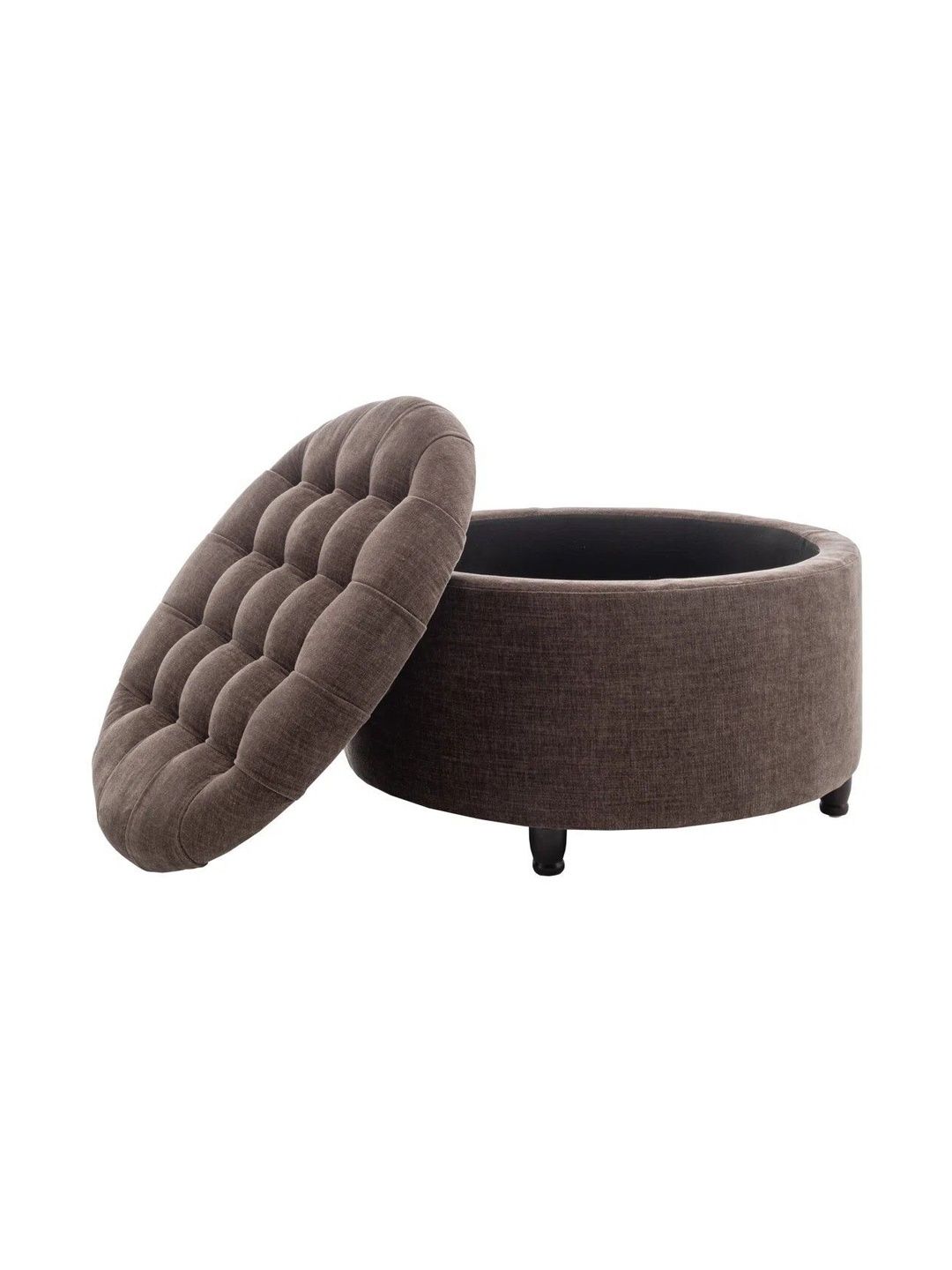 FRIENDS LIFE Brown Textured Round Velvet & Wooden Ottoman With Hidden Storage-picture-58