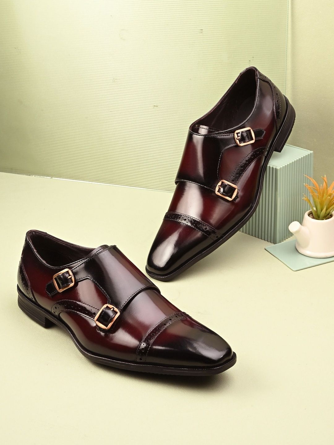 House of Pataudi Men Leather Square Monk Formal Monk Shoes-picture-57