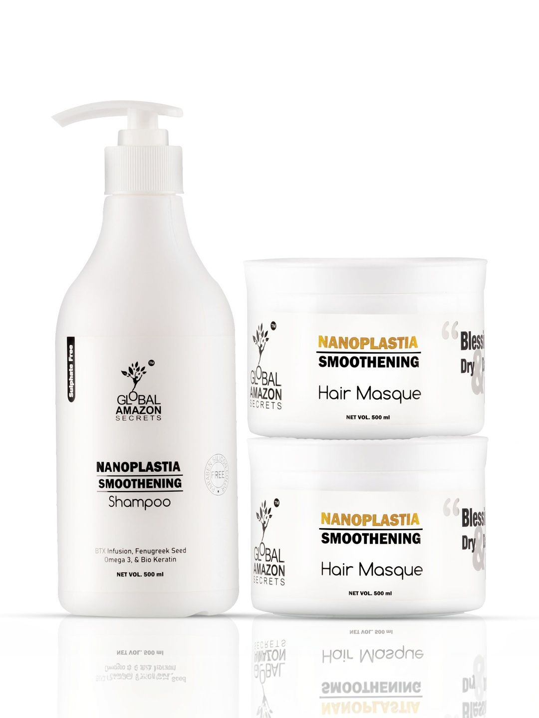 Global Amazon Secrets Set Of 3 Shampoo- 500 ml & 2-Pcs Hair Masque- 500 ml Each-image-34
