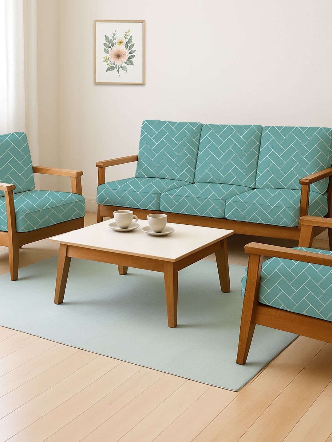 HOTKEI 10Pcs Sea Green & White Geometric Printed 200 GSM Stretchable Sofa Covers-picture-20