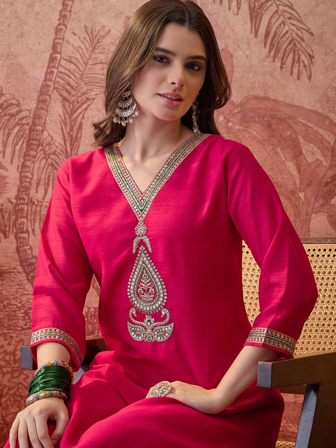 Sangria Embroidered V-Neck Kurta & Palazzos Kurta Set-image-2