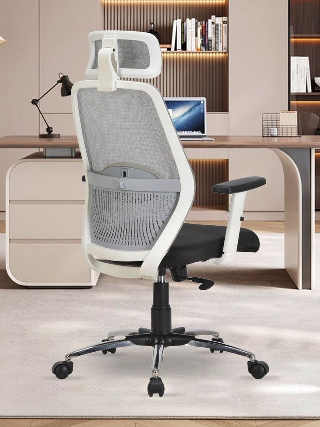FUGO White & Black Textured Head Support Study Arm Chair-image-46