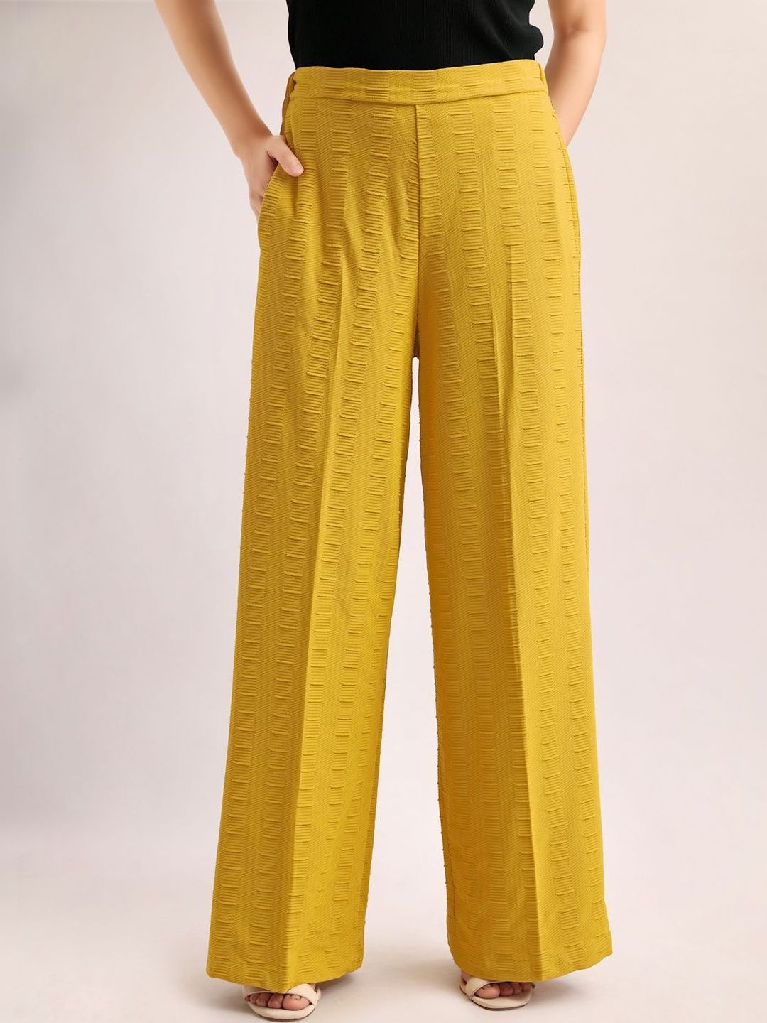 MILOST Women Textured Relaxed Straight Leg Loose Fit High-Rise Easy Wash Trousers-picture-29
