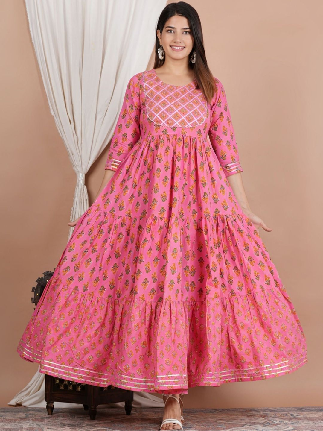 Navkriti Jaipur Printed Gotta Patti Pure Cotton Gotta Patti Tiered Anarkali Kurti-picture-28