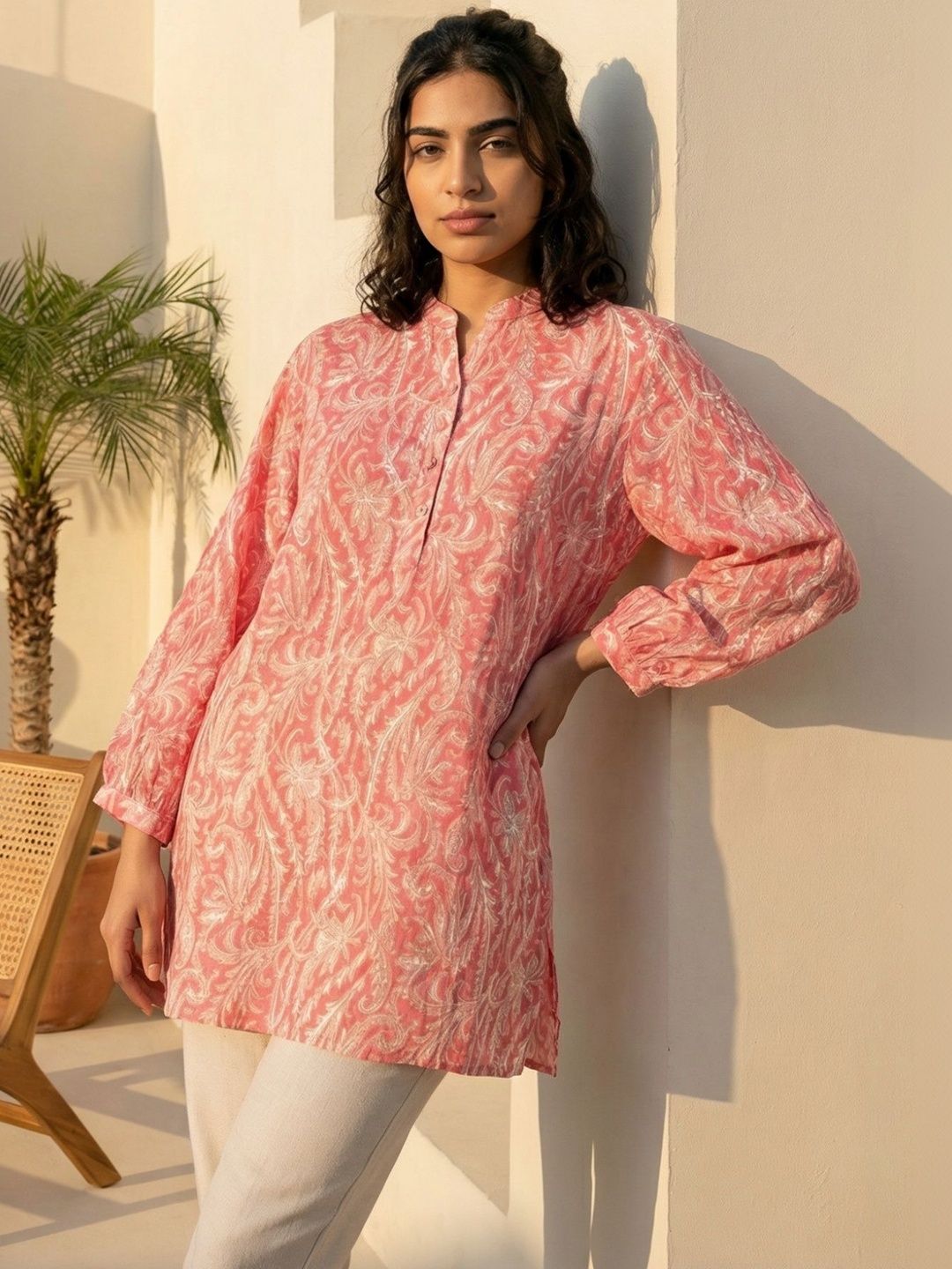 W Print Mandarin Collar Ethnic Top-picture-23