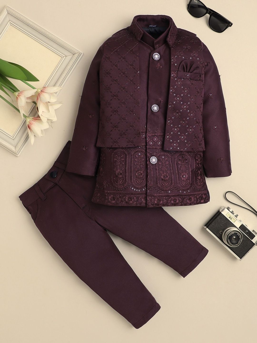 KALINI Boys Floral Embroidered Mandarin Collar Sherwani Set-picture-16