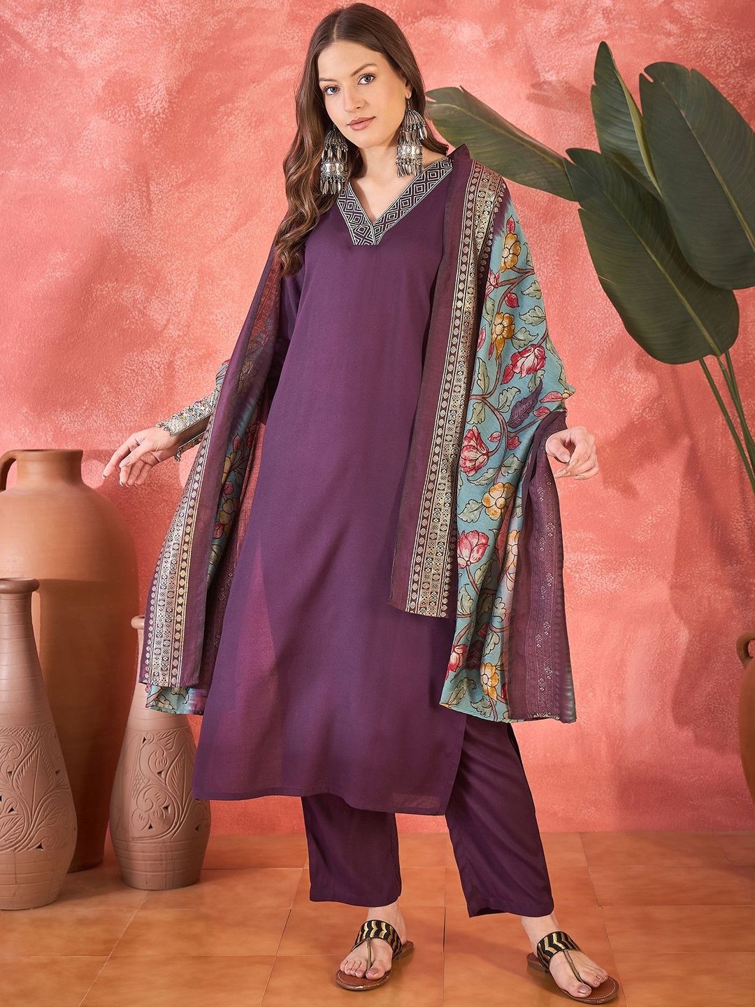 Sangria Printed V-Neck Kurta & Trousers Kurta Sets-image-36
