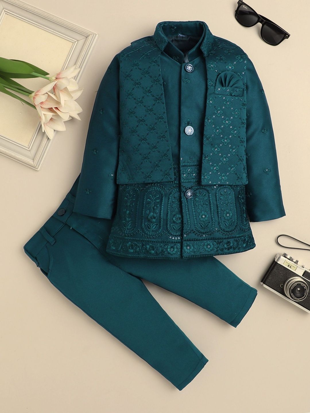 KALINI Boys Floral Embroidered Mandarin Collar Sherwani Set-picture-15