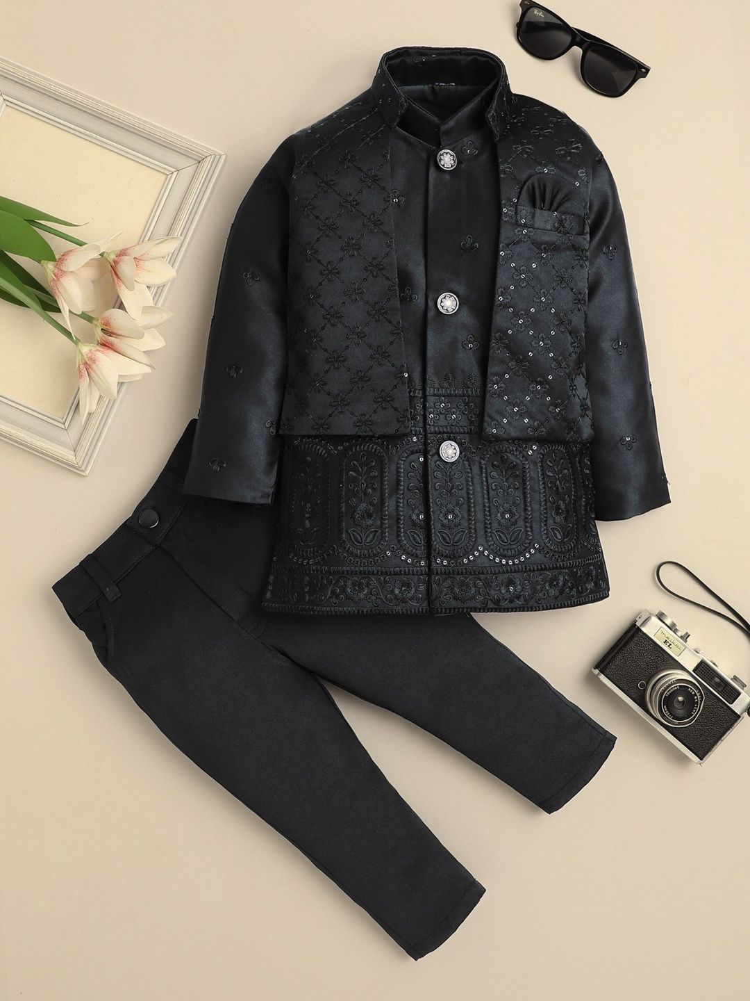 KALINI Boys Embroidered Mandarin Collar Sherwani Set-picture-23
