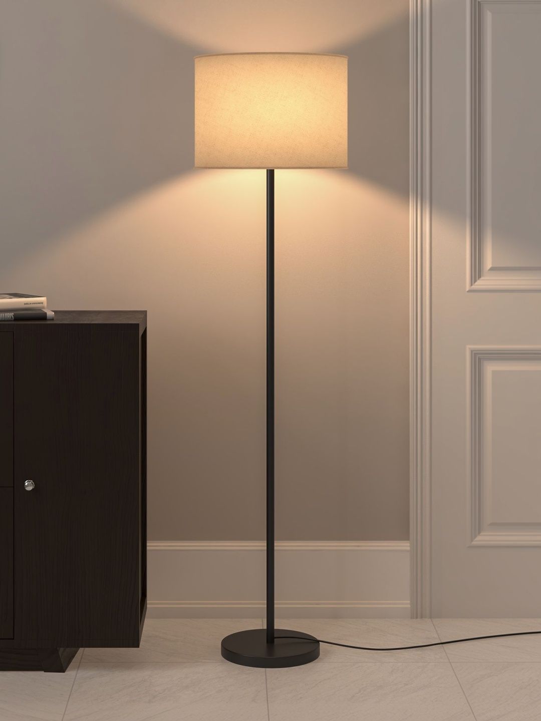 Divine Trends Black & Off-White Floor Lamp With Drum Shade-image-4