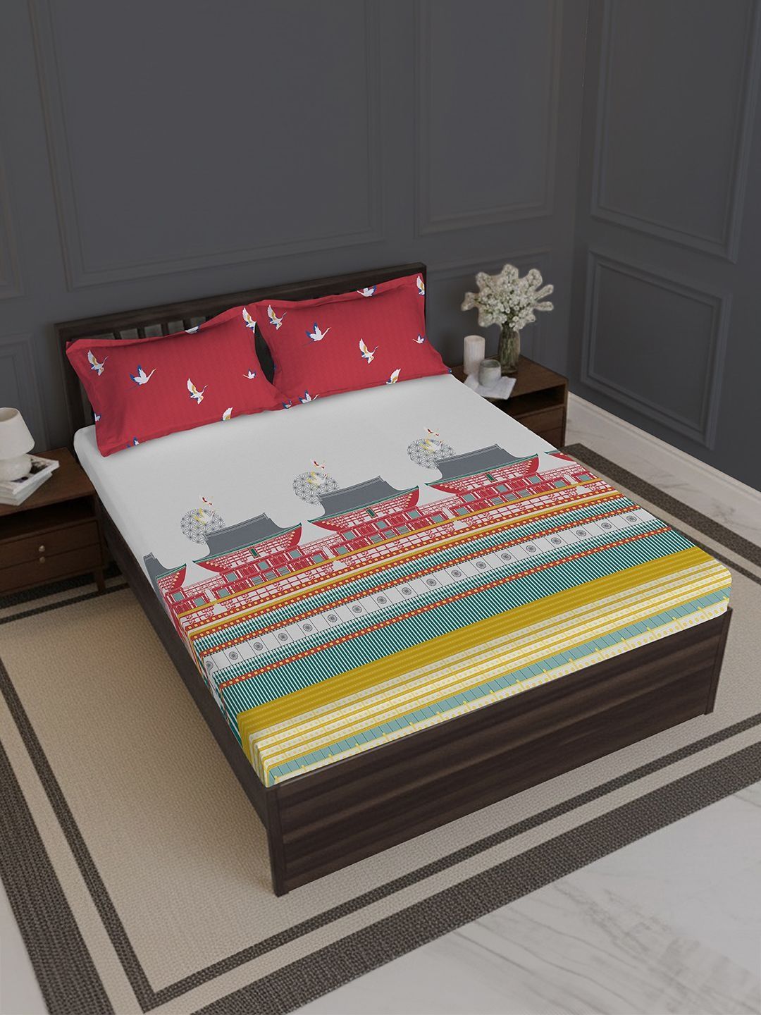 MYTRIDENT Red Ethnic Motifs 180 TC King Bedsheet with 2 Pillow Covers-image-12
