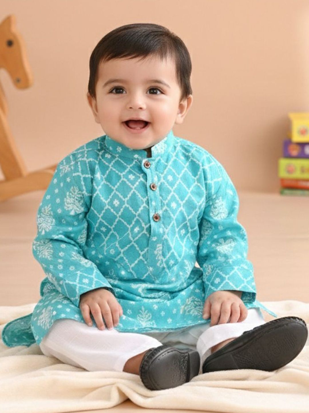 Sangria Printed Pure Cotton Mandarin Collar Kurta & Pyjamas Kurta Set