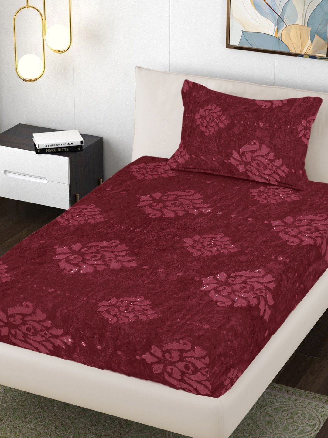 Myntra Elegant Homes Maroon Floral 300 TC Single Bedsheet with 1 Pillow Covers-picture-46
