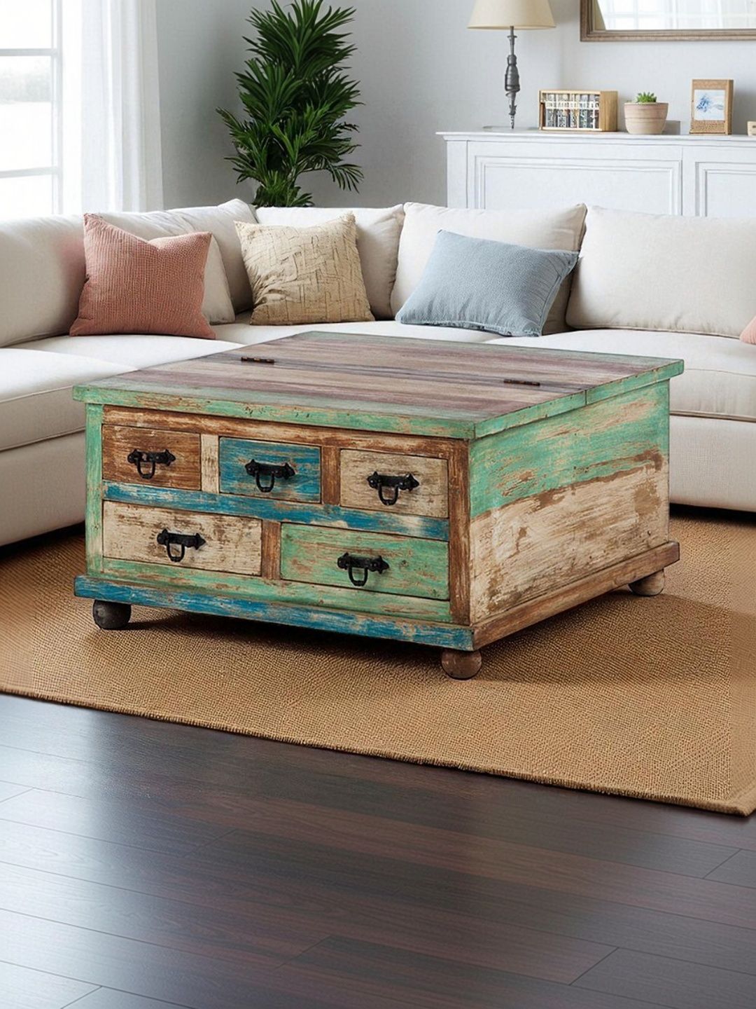 THE ATTIC Brown & Green Textured Wooden Rectangle Coffee Table
