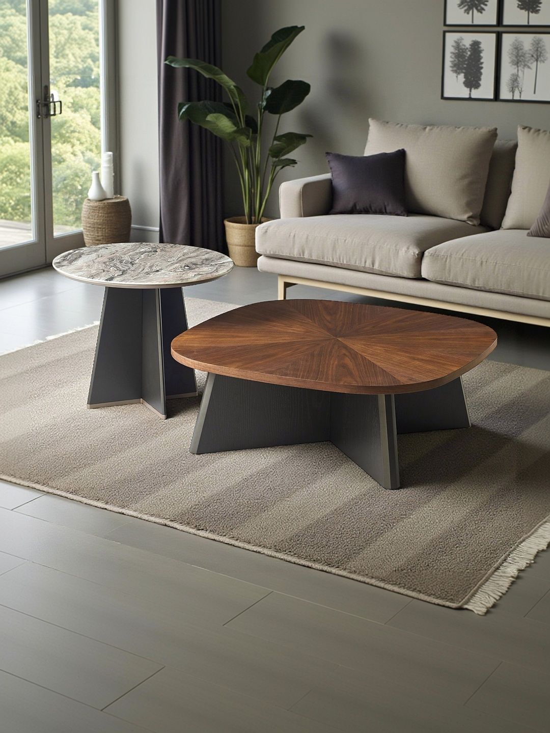 THE ATTIC Set Of 2 Brown & Grey Stone Rectangle & Round Coffee Tables