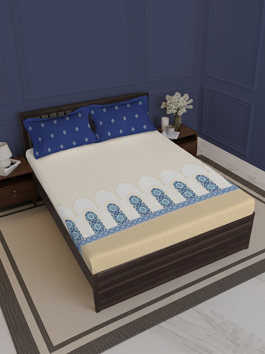 MYTRIDENT Cream-Coloured Ethnic Motifs 180 TC King Bedsheet with 2 Pillow Covers-image-18