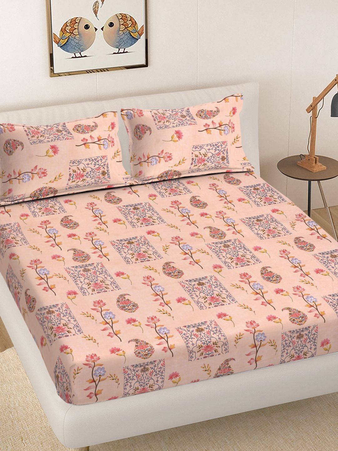Myntra Elegant Homes Peach-Coloured Floral 300 TC King Bedsheet with 2 Pillow Covers-image-22