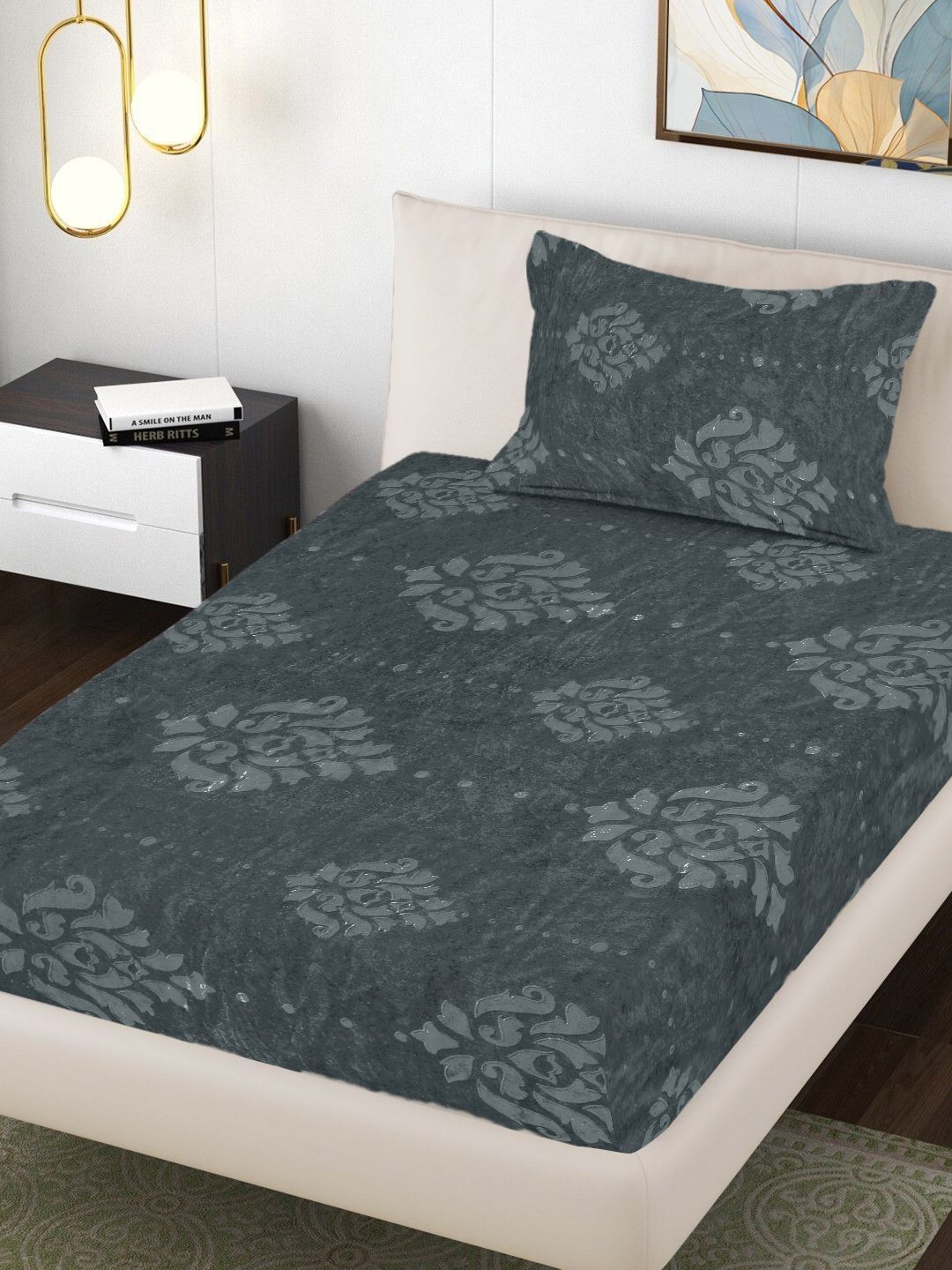 Myntra Elegant Homes Charcoal Ethnic Motifs 300 TC Single Bedsheet with 1 Pillow Covers-picture-49