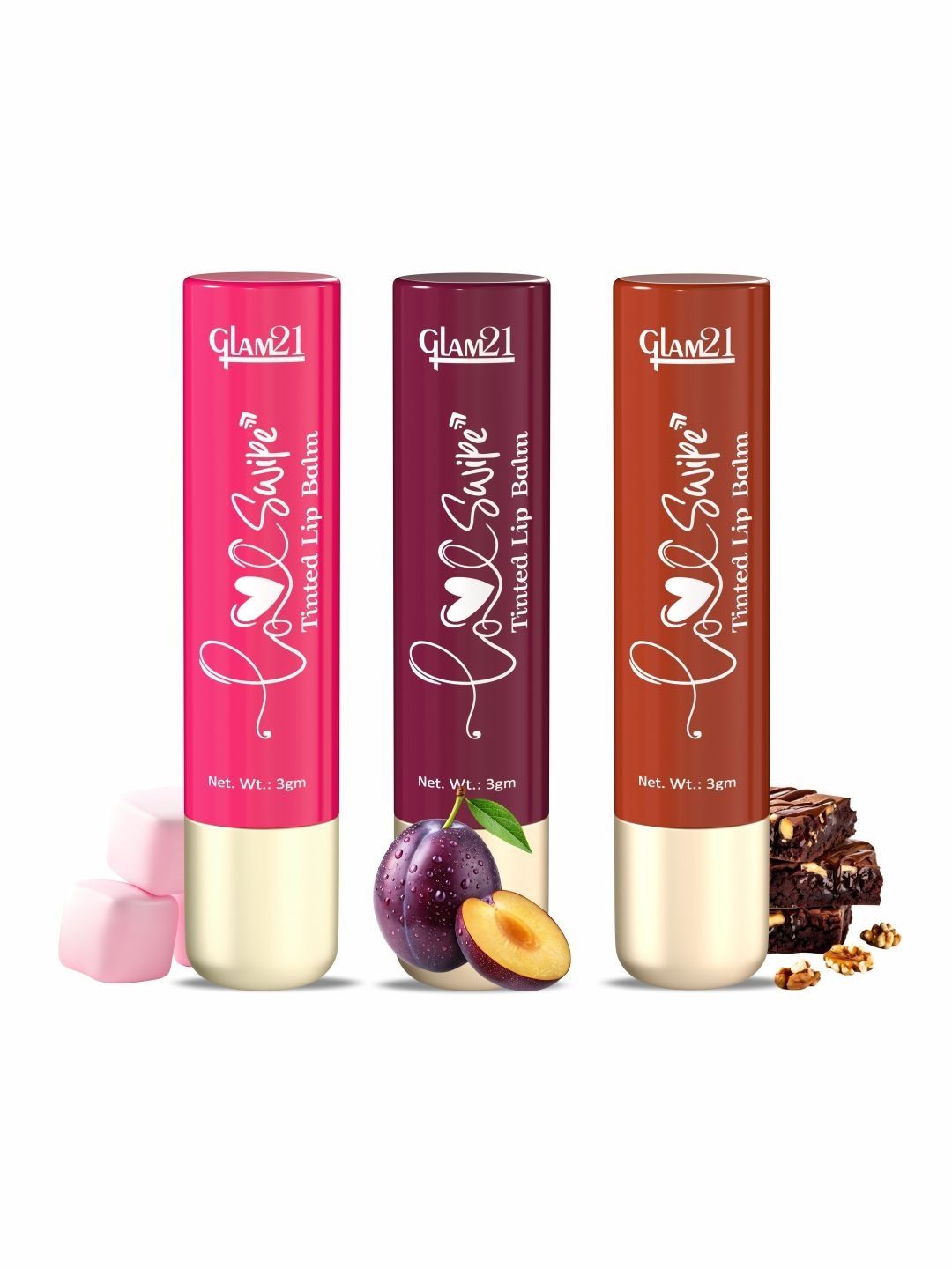 GLAM21 Set Of 3 Love Swipe Tinted Lip Balm-3 g Each-Pink Marshmallow & Lush Plum & Brownie-picture-47