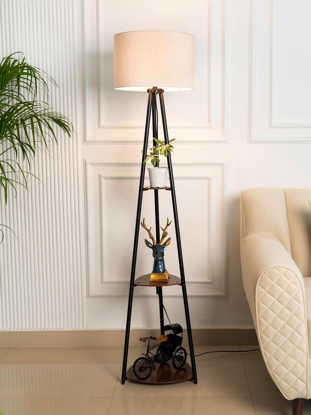 Divine Trends Black & Off-White Three Shelves Floor Lamp With Drum Shade-picture-31
