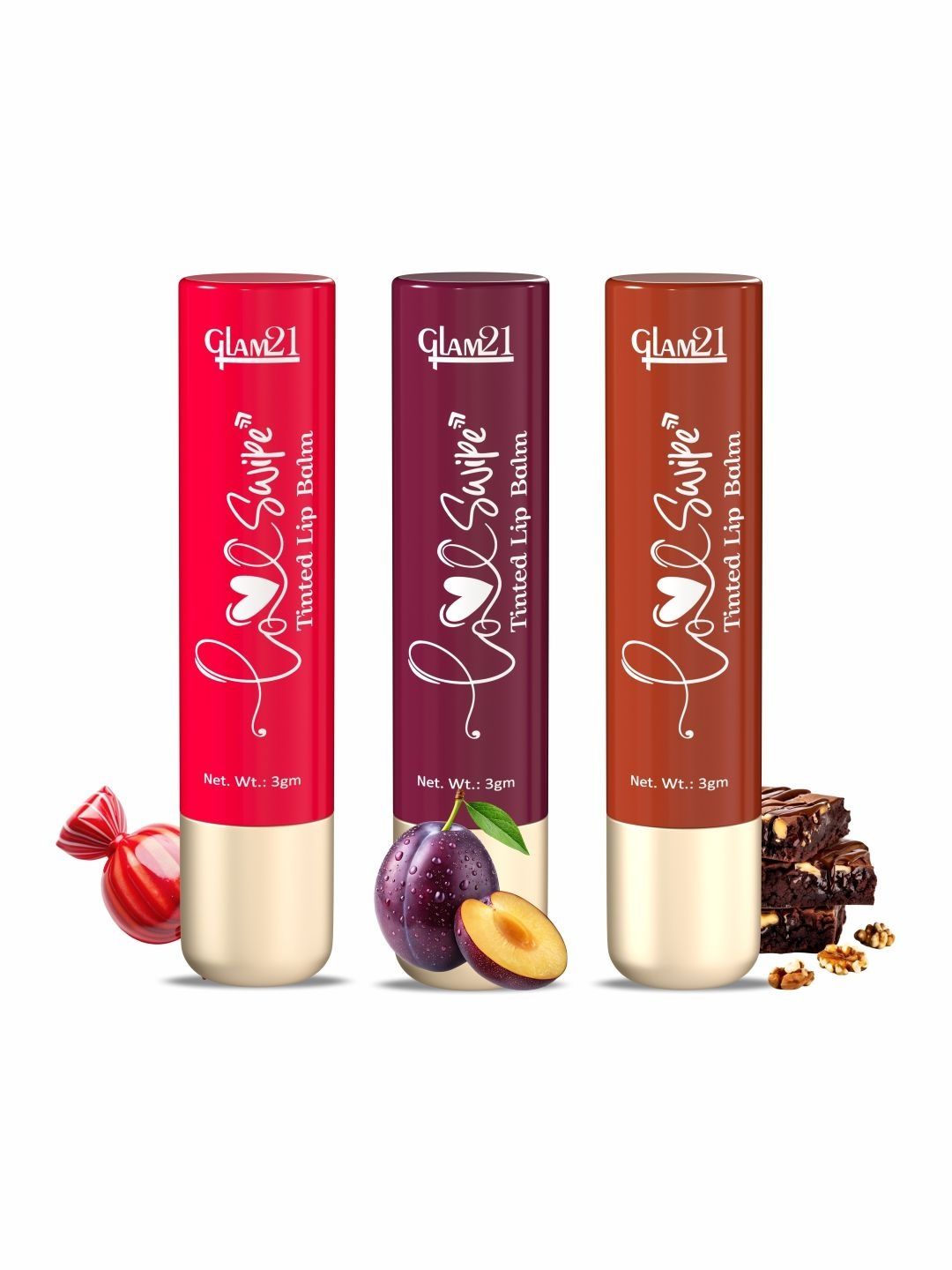 GLAM21 Set Of 3 Love Swipe Tinted Lip Balm - Candy Red 01 - Lush Plum 03 - Brownie Fudge04-picture-32