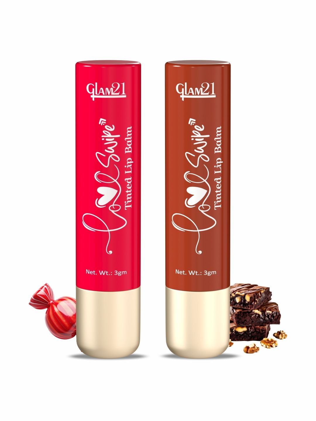 GLAM21 Set Of 2 Love Swipe Tinted Lip Balm-3 g Each-Candy Red & Brownie Fudge-picture-29