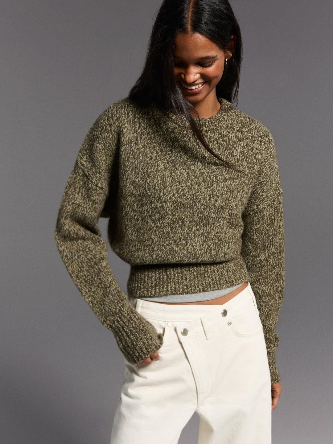 Bershka Women Speckled Crop Pullover-picture-57