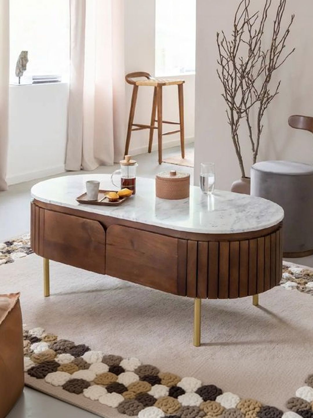 THE ATTIC Brown Textured Wooden Oval Coffee Table
