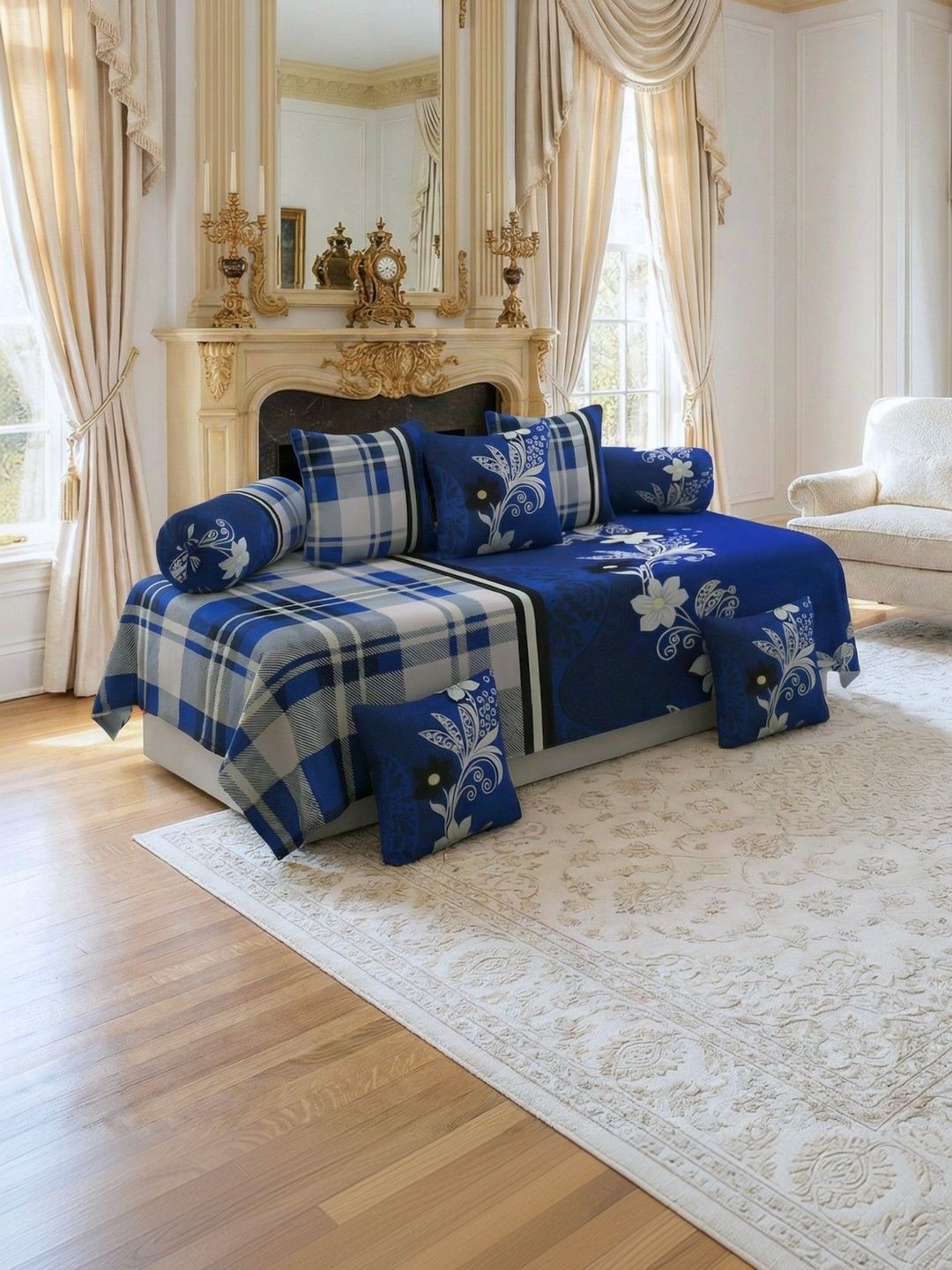Bromwick Blue & White Printed Cotton 8-Pcs Diwan Set