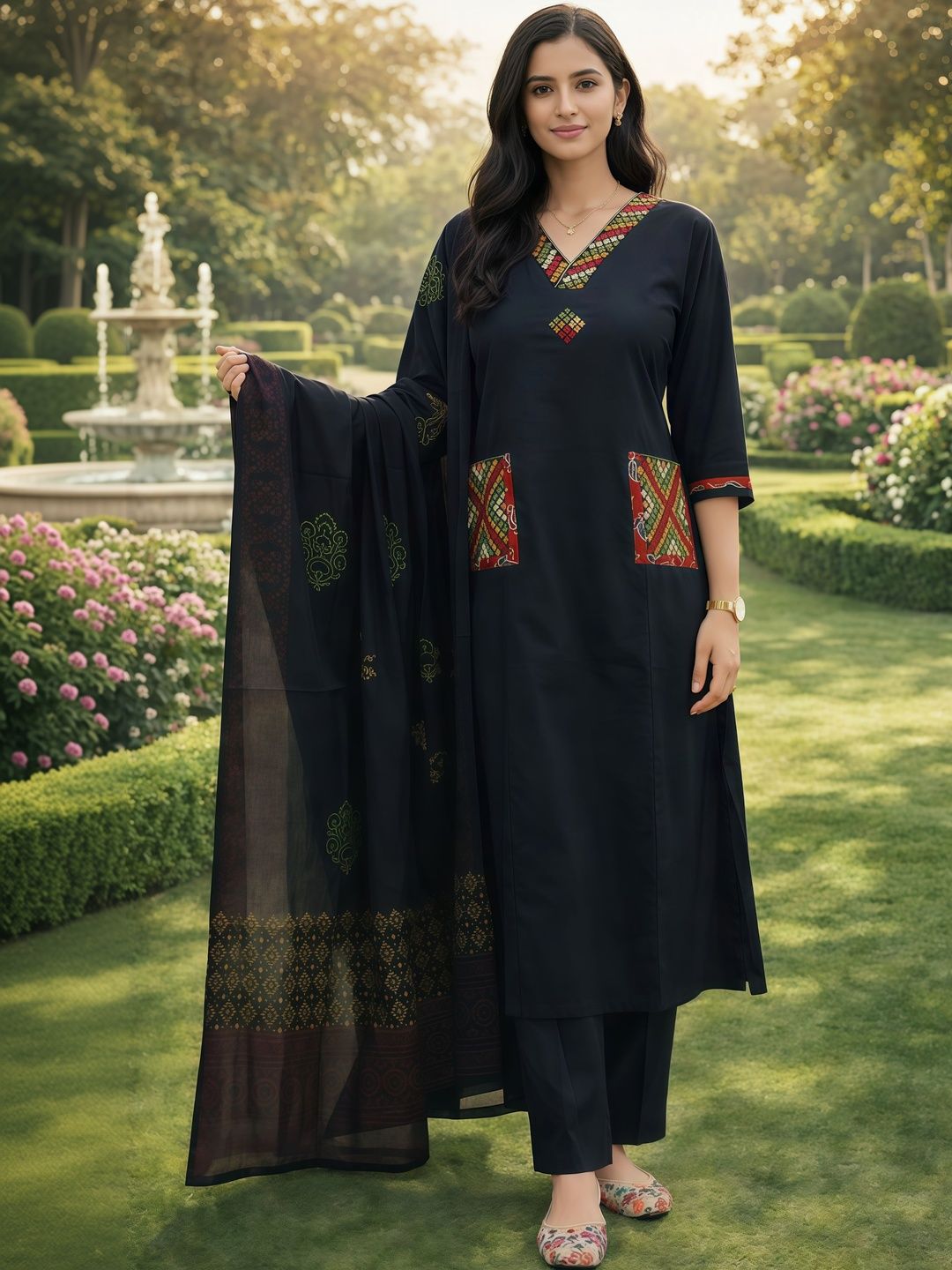 HERE&NOW Women Ethnic Motifs Embroidered Regular Thread Work Pure Cotton Kurta with Trousers & With Dupatta-picture-41