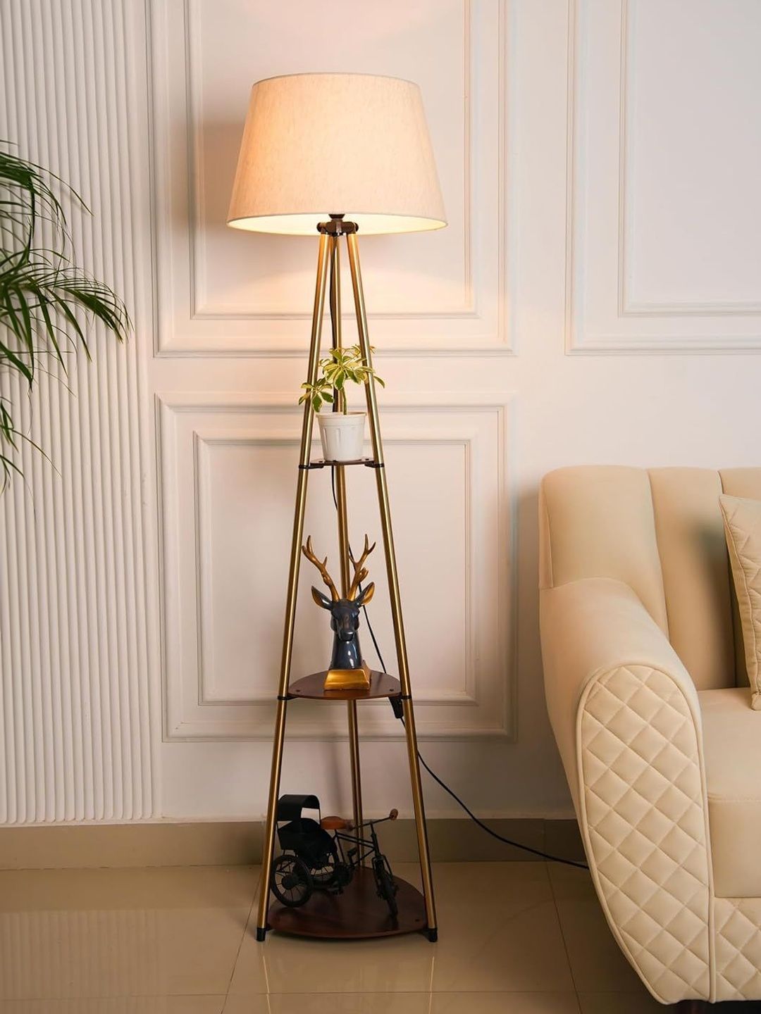 Divine Trends Yellow & White Antique Finish Three Shelves Floor Lamp With Shade
