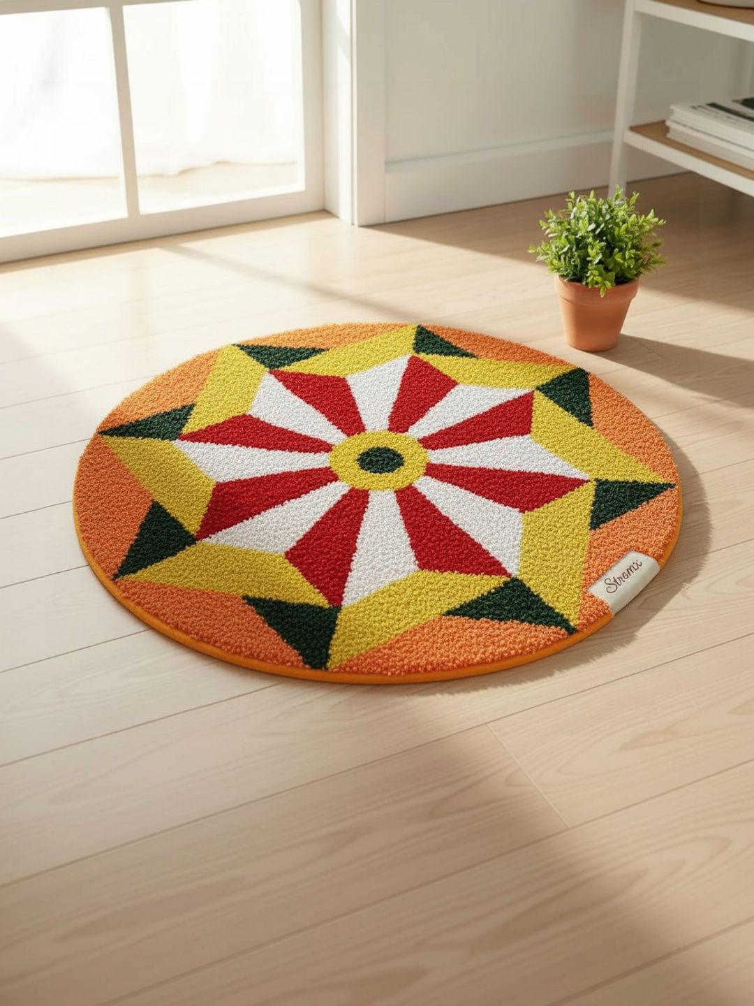 StromX Yellow & Red Microfiber Anti-Skid Washable Modern Round Rangoli Doormats-image-20