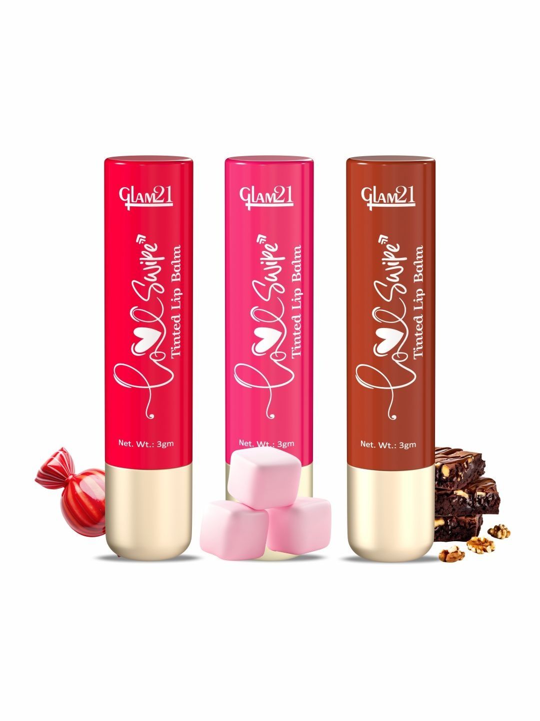 GLAM21 Set Of 3 Love Swipe Tinted Lip Balm-3 g Each-Pink Marshmallow & Lush Plum & Candy-picture-49