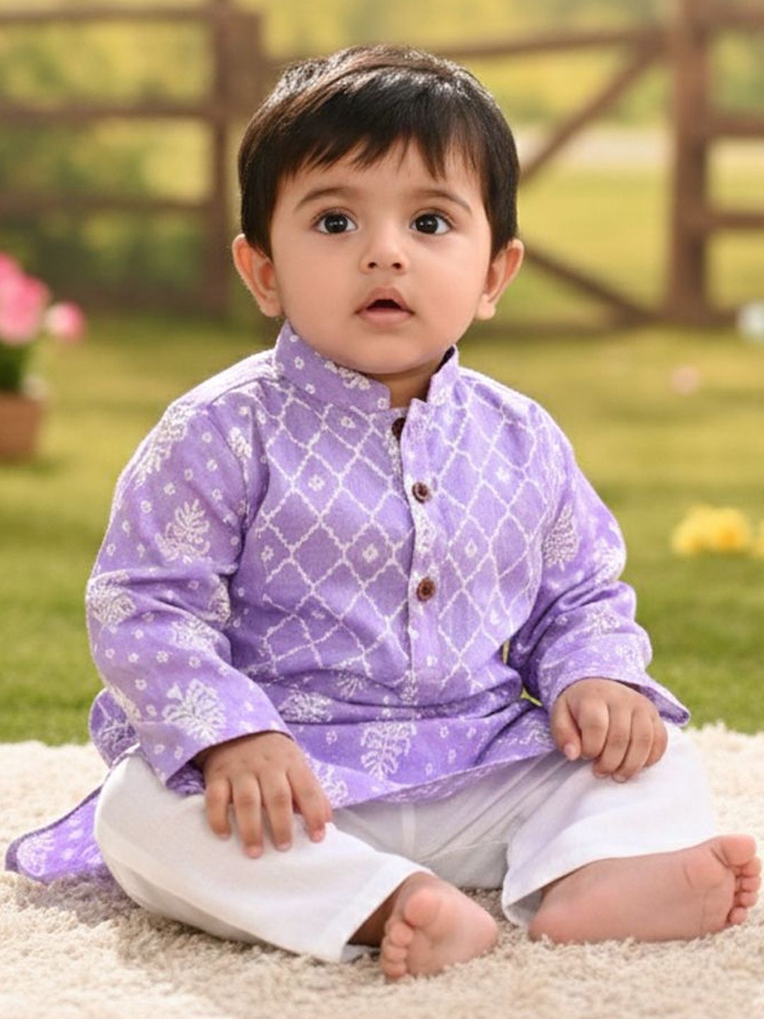 Sangria Printed Pure Cotton Mandarin Collar Kurta & Pyjamas Kurta Set