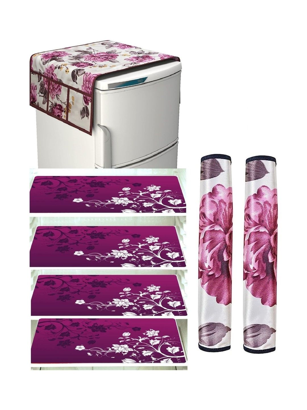 RULIT Pink & White Printed Water-Resistant 7-Pcs Fridge Top Handle Covers & Mats