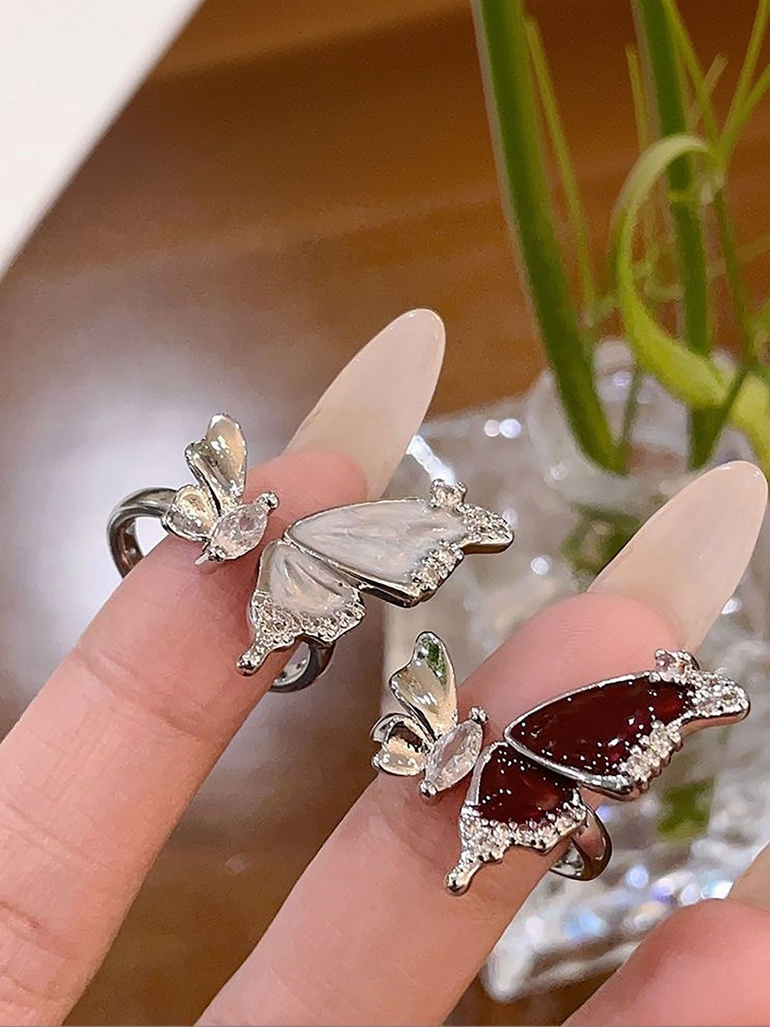Lara Karen Set of 2 Cubic Zirconia-Studded Butterfly Finger Ring-image-29