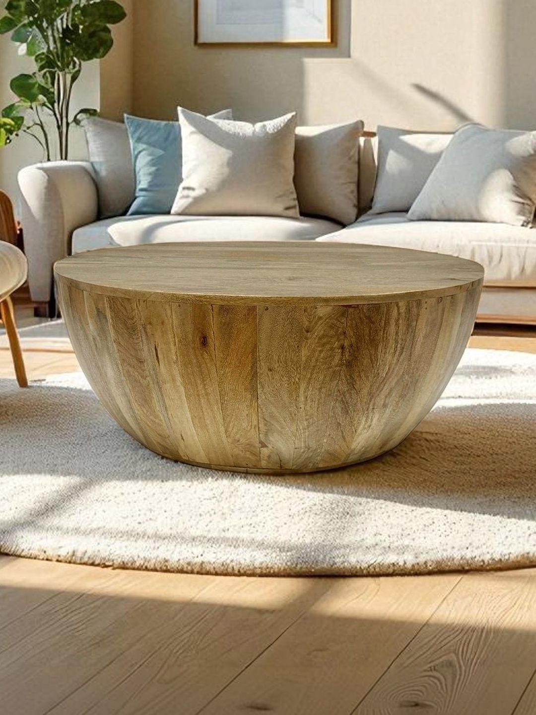 THE ATTIC Beige Textured Wooden Round Coffee Table