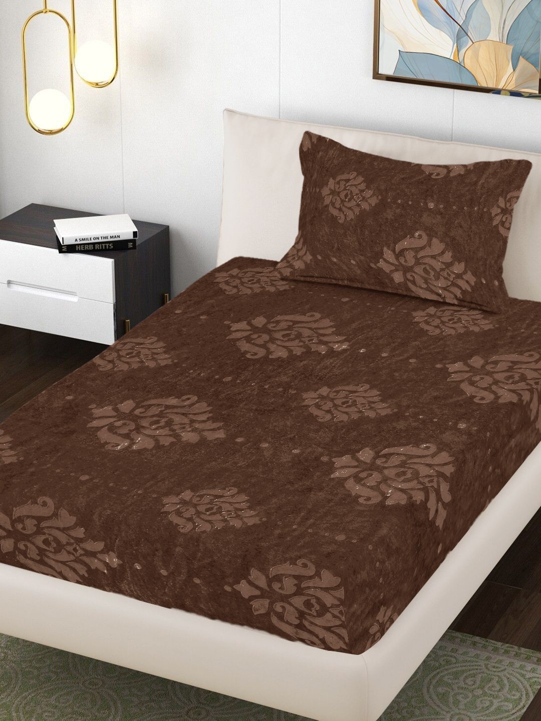Myntra Elegant Homes Brown Floral 300 TC Single Bedsheet with 1 Pillow Covers-picture-44