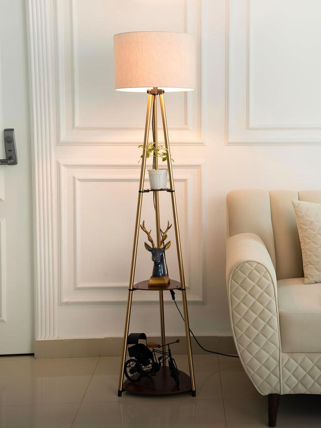 Divine Trends Yellow & Off-White Antique Finish Three Shelves Floor Lamp With Drum Shade-image-19