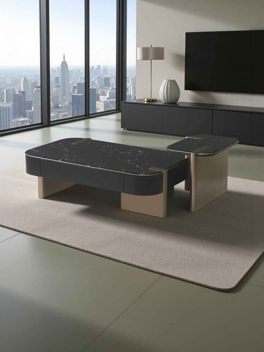 THE ATTIC Set Of 2 Black & Khaki-Colored Marble Textured Stone Rectangle Coffee Tables