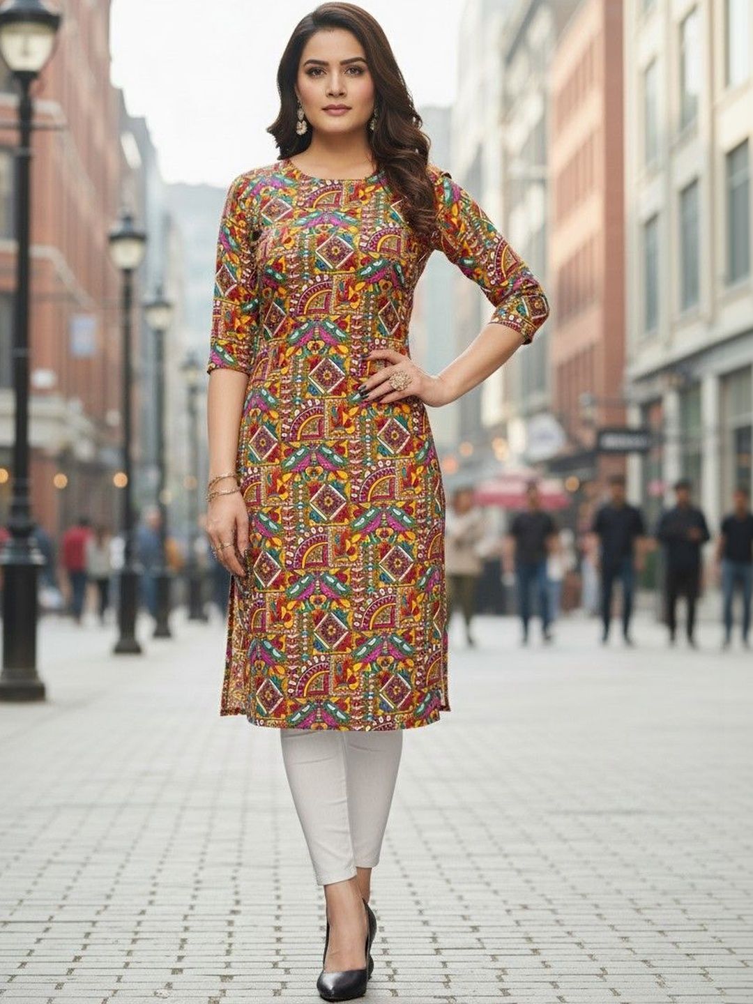 SZN Women Geometric Printed Thread Work Crepe Blend Kurta-image-44