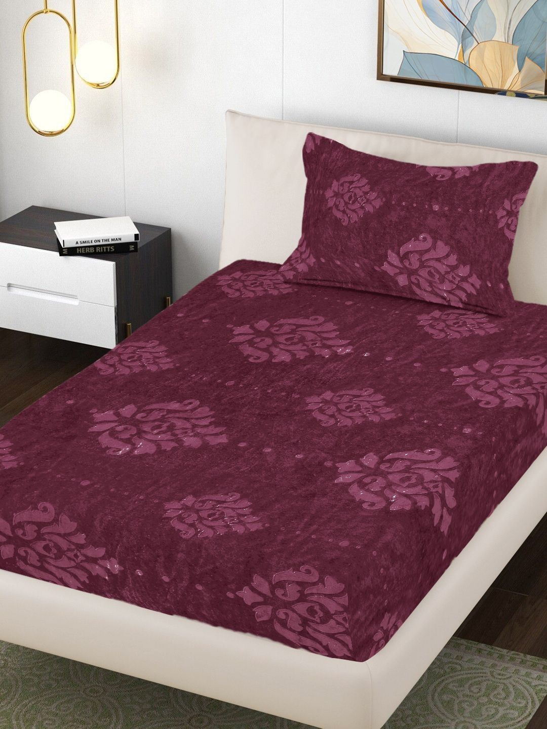 Myntra Elegant Homes Maroon Floral 300 TC Single Bedsheet with 1 Pillow Covers-picture-11