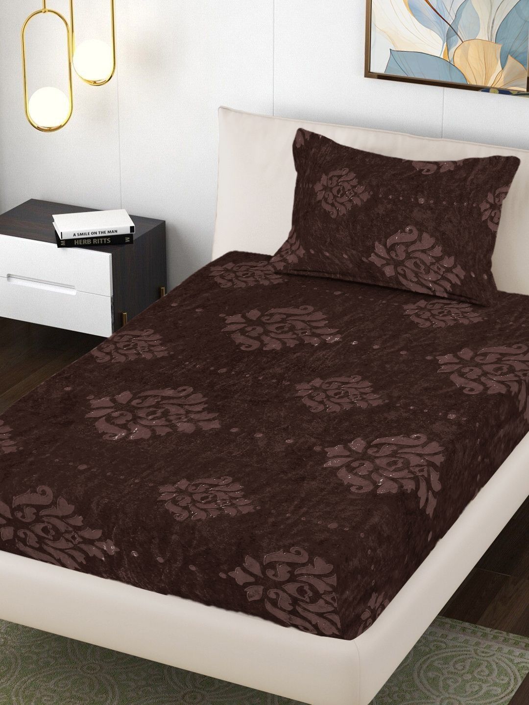 Myntra Elegant Homes Brown Ethnic Motifs 300 TC Single Bedsheet with 1 Pillow Covers-picture-26
