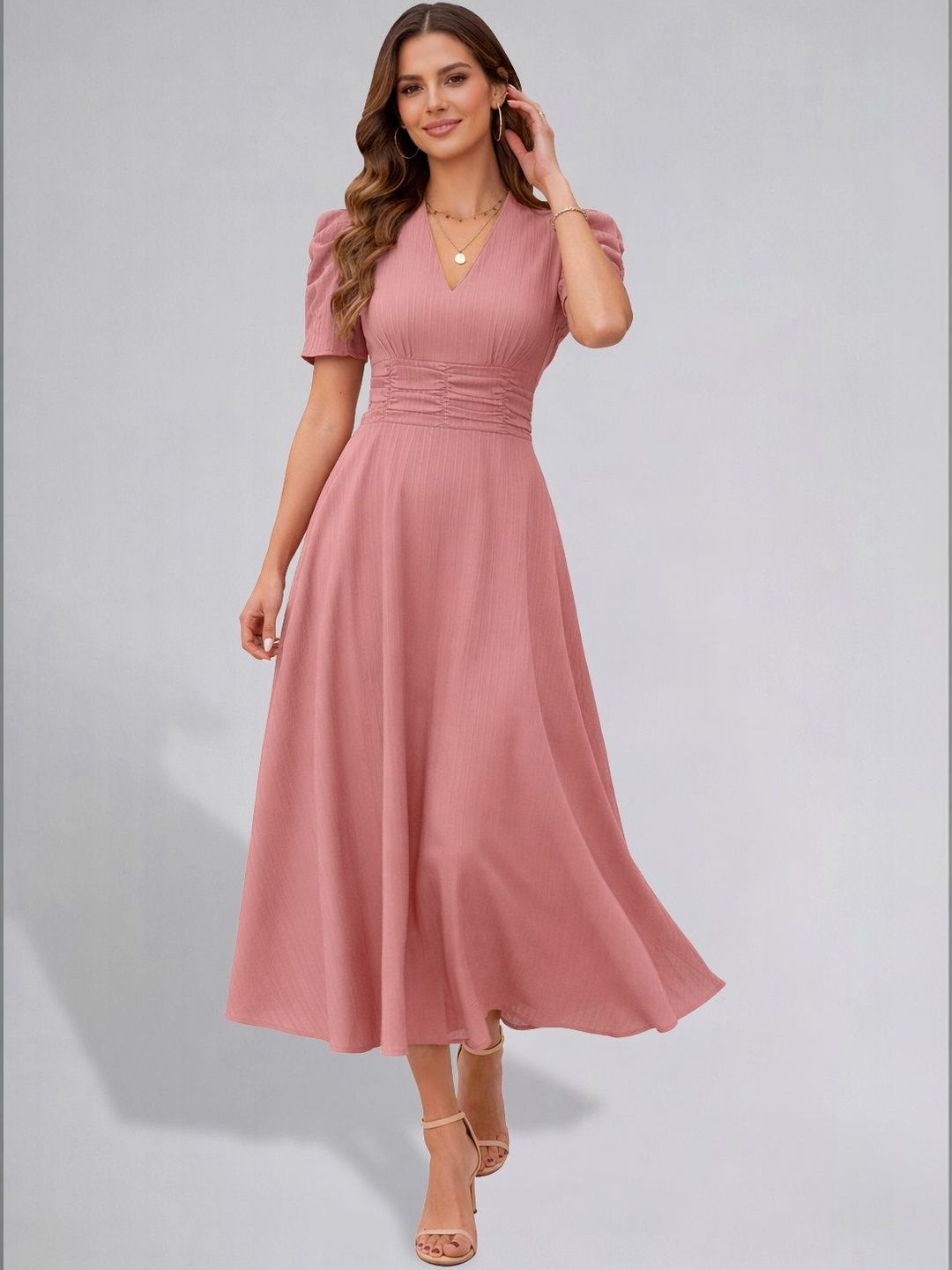 CORSICA Puff Sleeve A-Line Midi Dress-picture-39