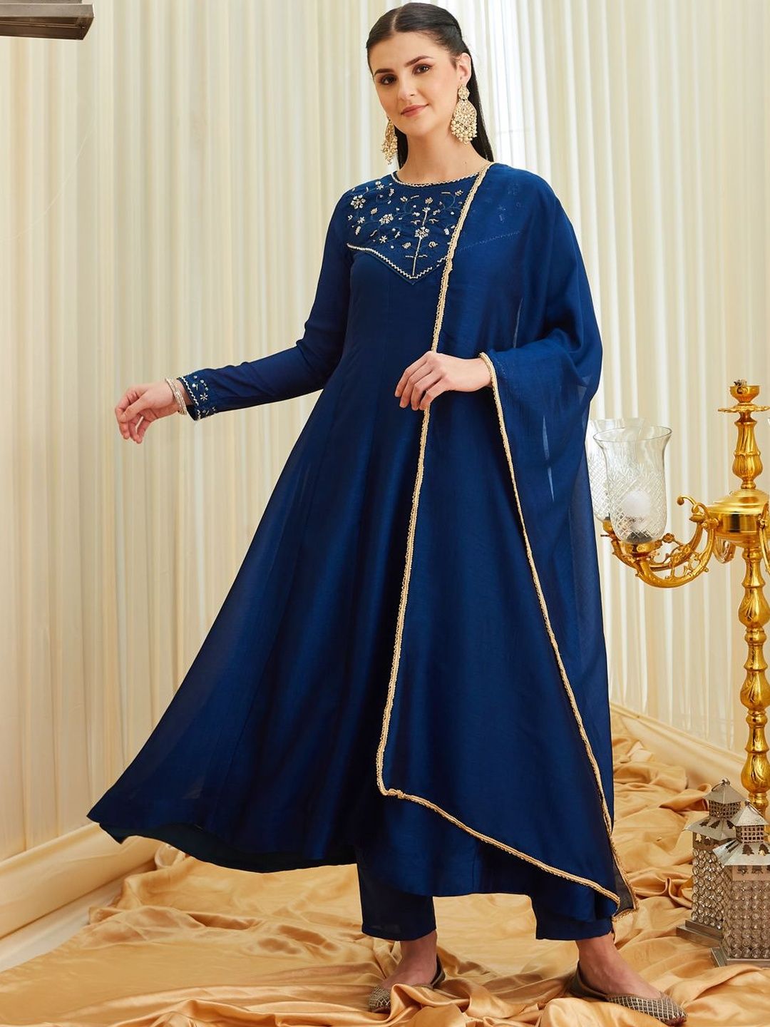 MOKOSH Ethnic Motifs Embroidered Empire Pure Silk Kurta with Trousers & Dupatta-picture-7