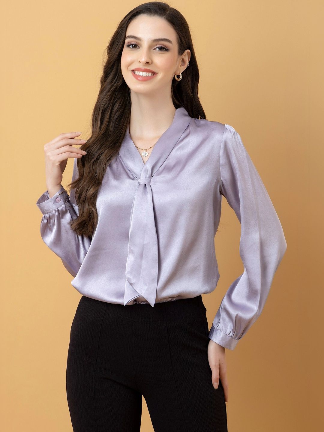 PURYS WORKSPACE Tie-Up Neck Satin Top-picture-13