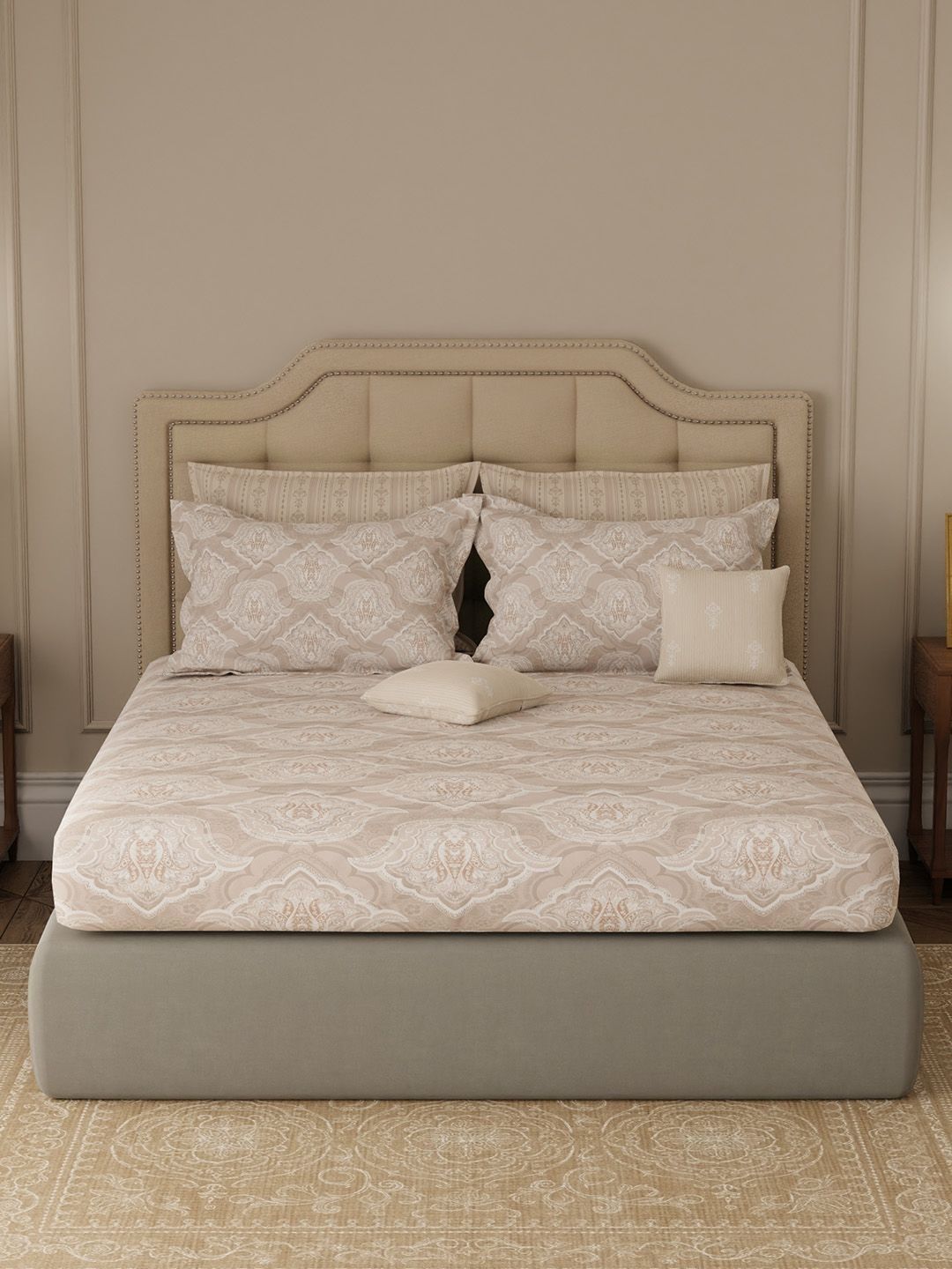 Boutique Living India Grey & White Ethnic Motifs 400 TC Bedsheet With Pillow Covers-image-39