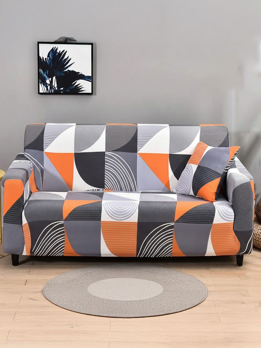 HOUSE OF QUIRK Universal Grey & Orange Printed Double-Seater Sofa Slipcover-image-46